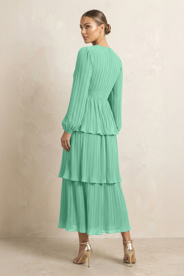 V - Neck Tiered A - Line Chiffon Midi Bridesmaid Dress in Turquoise - SHE IS ME Bridesmaid Dresses