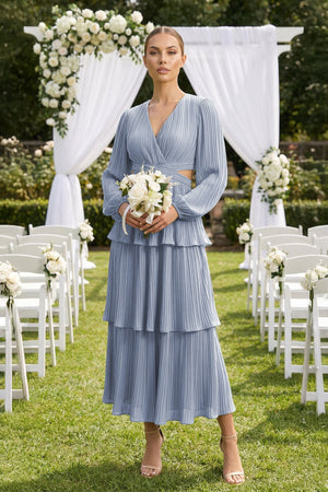 V - Neck Tiered A - Line Chiffon Midi Bridesmaid Dress in Twilight - SHE IS ME Bridesmaid Dresses