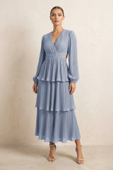 V - Neck Tiered A - Line Chiffon Midi Bridesmaid Dress in Twilight - KISS BRIDAL Bridesmaid Dresses