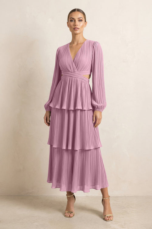 V - Neck Tiered A - Line Chiffon Midi Bridesmaid Dress in Vintage Mauve - SHE IS ME Bridesmaid Dresses