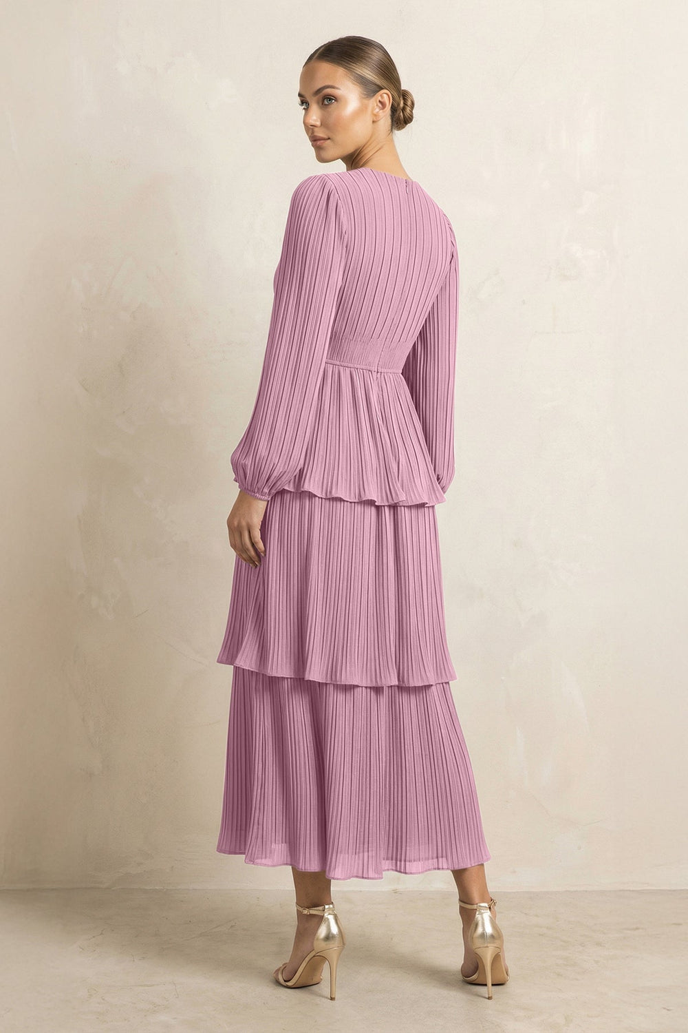 V - Neck Tiered A - Line Chiffon Midi Bridesmaid Dress in Vintage Mauve - KISS BRIDAL Bridesmaid Dresses