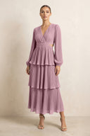 V-Neck Tiered A-Line Chiffon Midi Bridesmaid Dress in Vintage Mauve | KISSBRIDAL