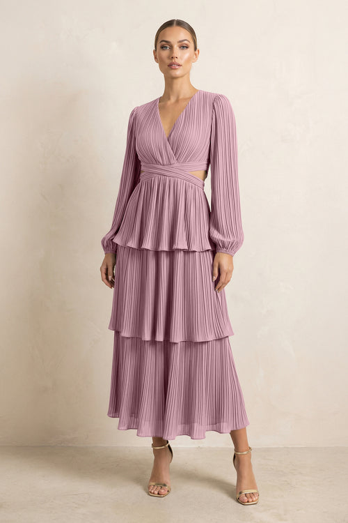 V-Neck Tiered A-Line Chiffon Midi Bridesmaid Dress in Vintage Mauve | KISSBRIDAL