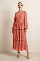 V - Neck Tiered A - Line Chiffon Midi Bridesmaid Dress in Wild Rose - KISS BRIDAL Bridesmaid Dresses