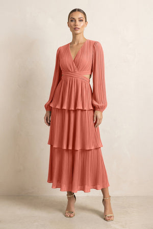 V - Neck Tiered A - Line Chiffon Midi Bridesmaid Dress in Wild Rose - SHE IS ME Bridesmaid Dresses