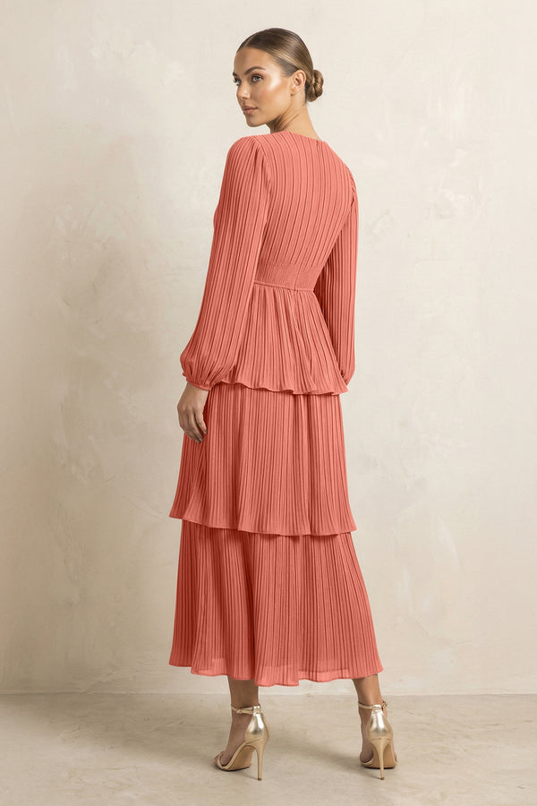 V - Neck Tiered A - Line Chiffon Midi Bridesmaid Dress in Wild Rose - SHE IS ME Bridesmaid Dresses