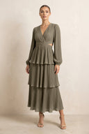 V - Neck Tiered A - Line Chiffon Midi Bridesmaid Dress in Willow Green - SHE IS ME Bridesmaid Dresses