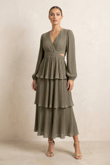 V - Neck Tiered A - Line Chiffon Midi Bridesmaid Dress in Willow Green - KISS BRIDAL Bridesmaid Dresses