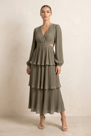 V - Neck Tiered A - Line Chiffon Midi Bridesmaid Dress in Willow Green - SHE IS ME Bridesmaid Dresses