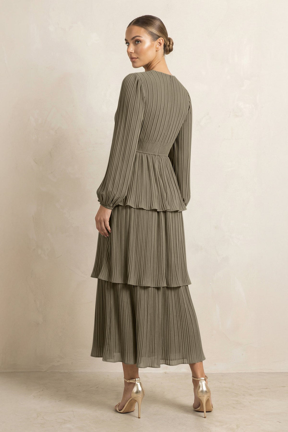 V - Neck Tiered A - Line Chiffon Midi Bridesmaid Dress in Willow Green - KISS BRIDAL Bridesmaid Dresses