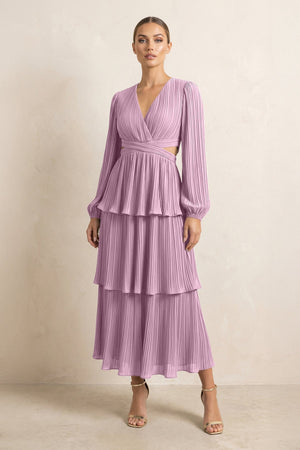 V - Neck Tiered A - Line Chiffon Midi Bridesmaid Dress in Wisteria - SHE IS ME Bridesmaid Dresses