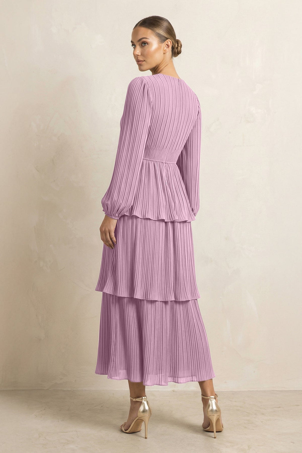 V - Neck Tiered A - Line Chiffon Midi Bridesmaid Dress in Wisteria - KISS BRIDAL Bridesmaid Dresses