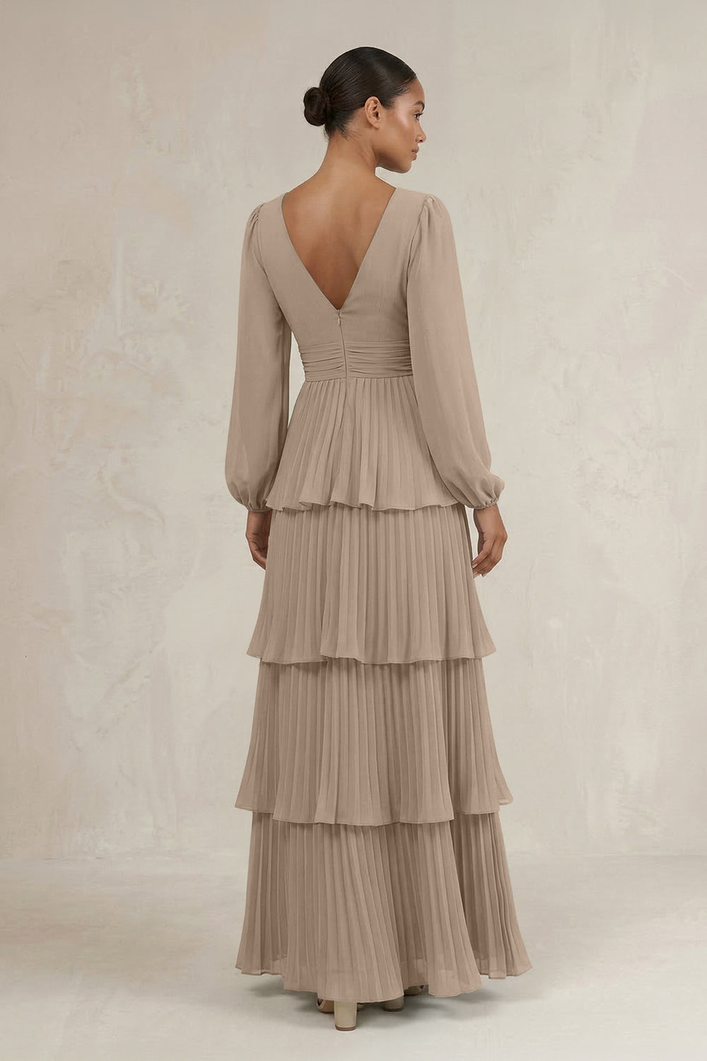 V-Neck Tiered A-Line Long Sleeve Bridesmaid Dress in Almond