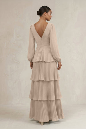 V - Neck Tiered A - Line Long Sleeve Bridesmaid Dress in Almond - SHE IS ME Bridesmaid Dresses
