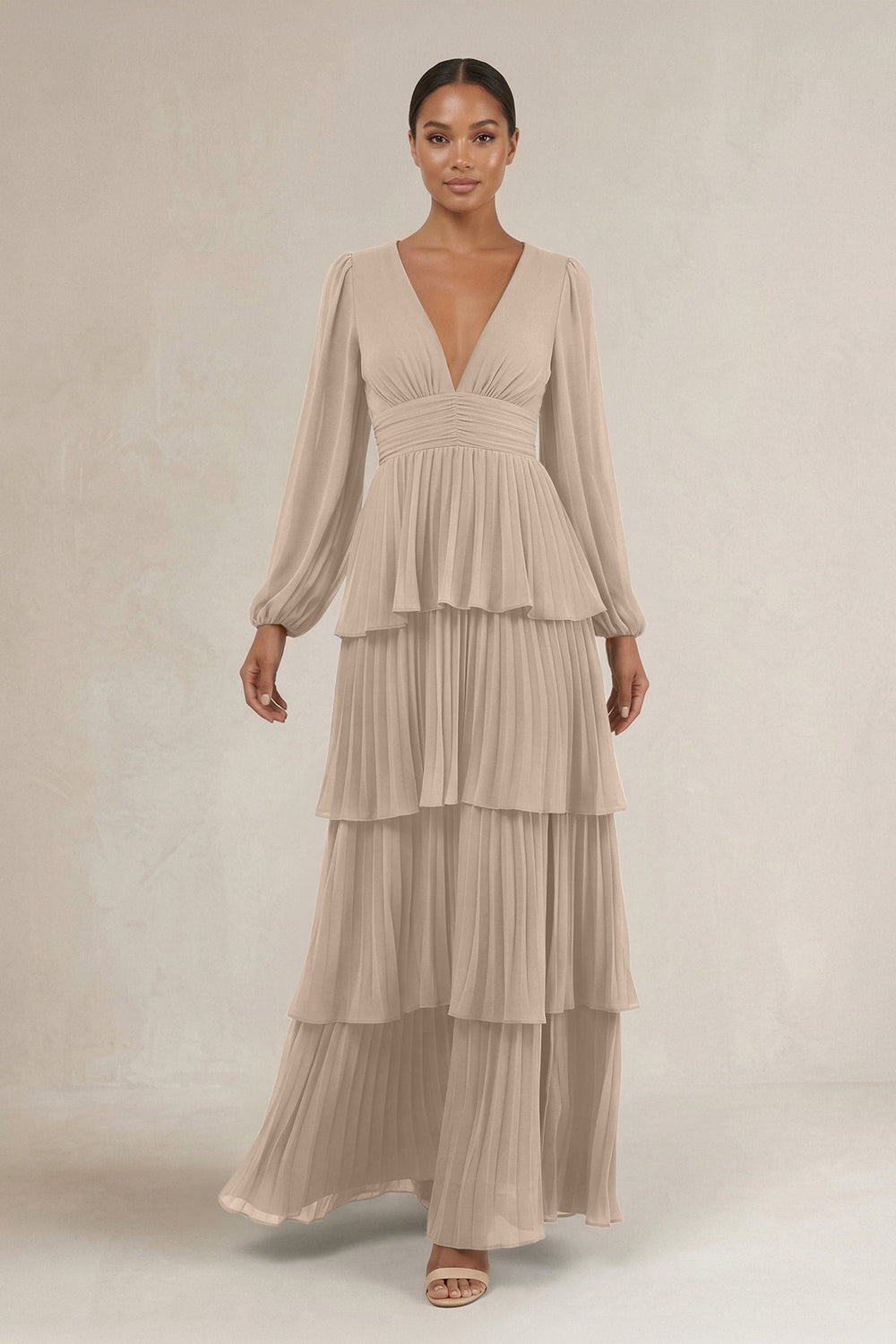 V - Neck Tiered A - Line Long Sleeve Bridesmaid Dress in Almond - KISS BRIDAL Bridesmaid Dresses