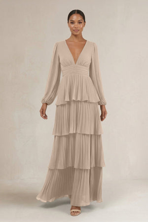 V - Neck Tiered A - Line Long Sleeve Bridesmaid Dress in Almond - SHE IS ME Bridesmaid Dresses
