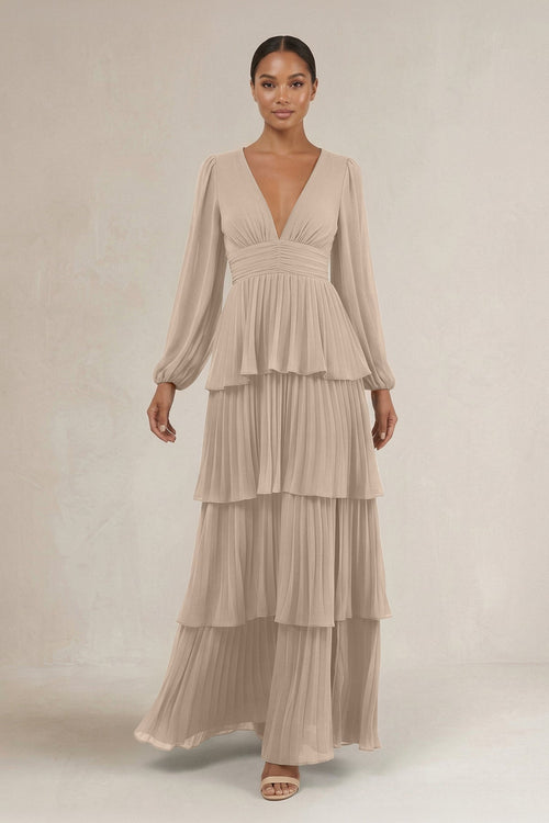 V - Neck Tiered A - Line Long Sleeve Bridesmaid Dress in Almond - SHE IS ME Bridesmaid Dresses