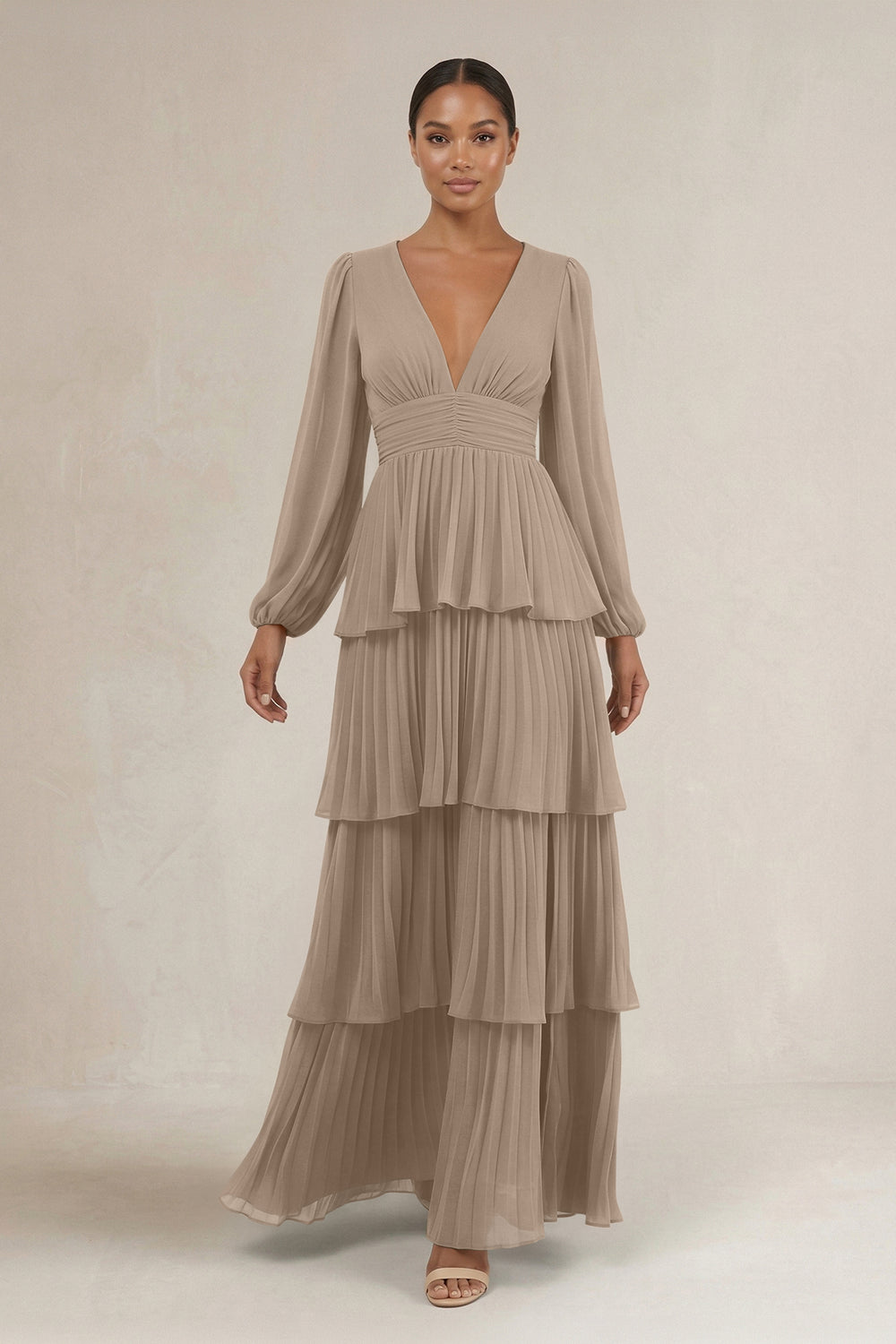 V-Neck Tiered A-Line Long Sleeve Bridesmaid Dress in Almond