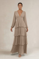 V-Neck Tiered A-Line Long Sleeve Bridesmaid Dress in Almond | KISSBRIDAL