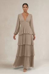 V-Neck Tiered A-Line Long Sleeve Bridesmaid Dress in Almond | KISSBRIDAL