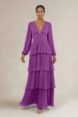 V - Neck Tiered A - Line Long Sleeve Bridesmaid Dress in Amethyst - KISS BRIDAL Bridesmaid Dresses