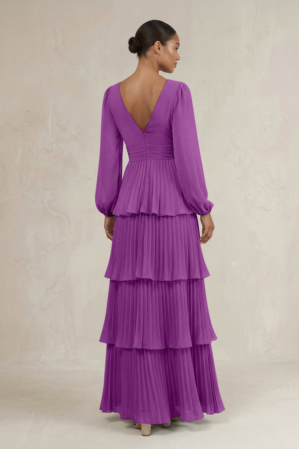 V - Neck Tiered A - Line Long Sleeve Bridesmaid Dress in Amethyst - KISS BRIDAL Bridesmaid Dresses