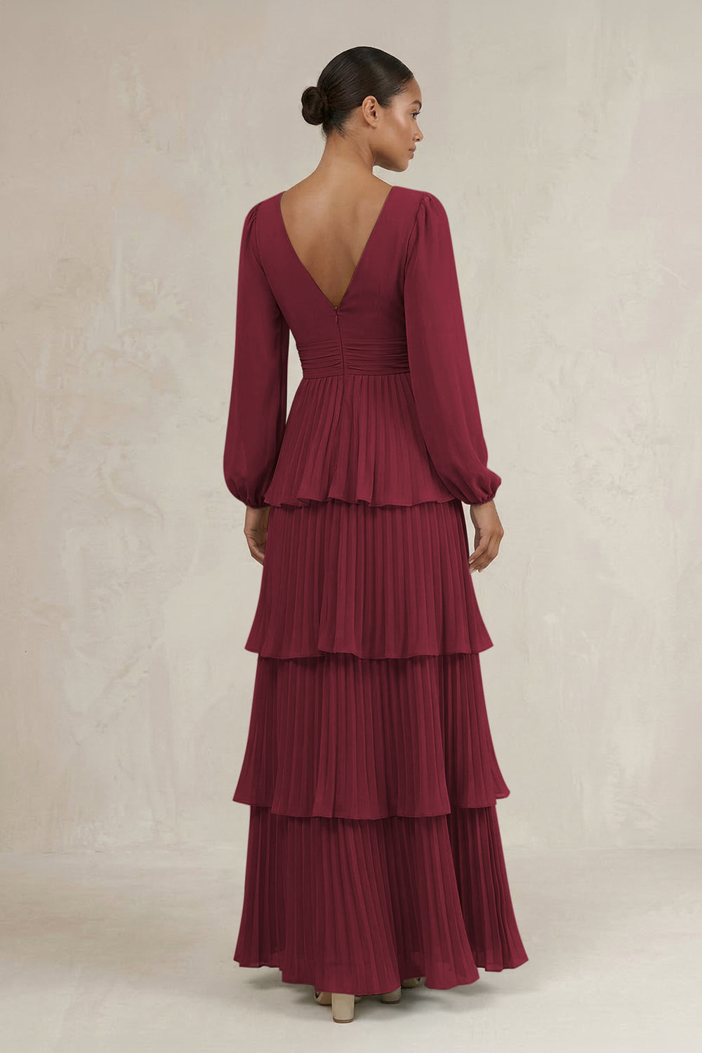 V-Neck Tiered A-Line Long Sleeve Bridesmaid Dress in Berry