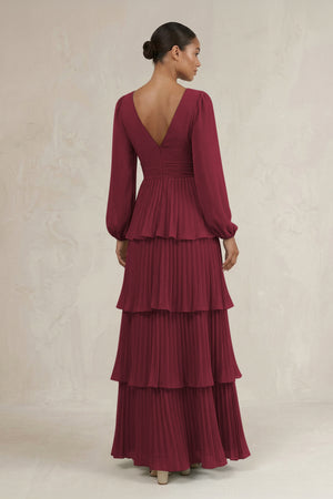 V-Neck Tiered A-Line Long Sleeve Bridesmaid Dress in Berry (2) | KISSBRIDAL