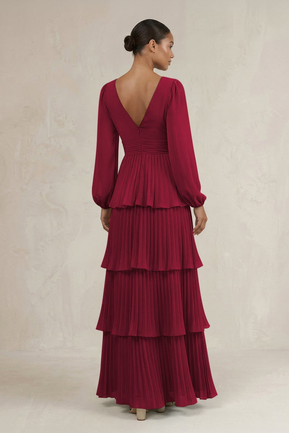 V - Neck Tiered A - Line Long Sleeve Bridesmaid Dress in Berry - KISS BRIDAL Bridesmaid Dresses