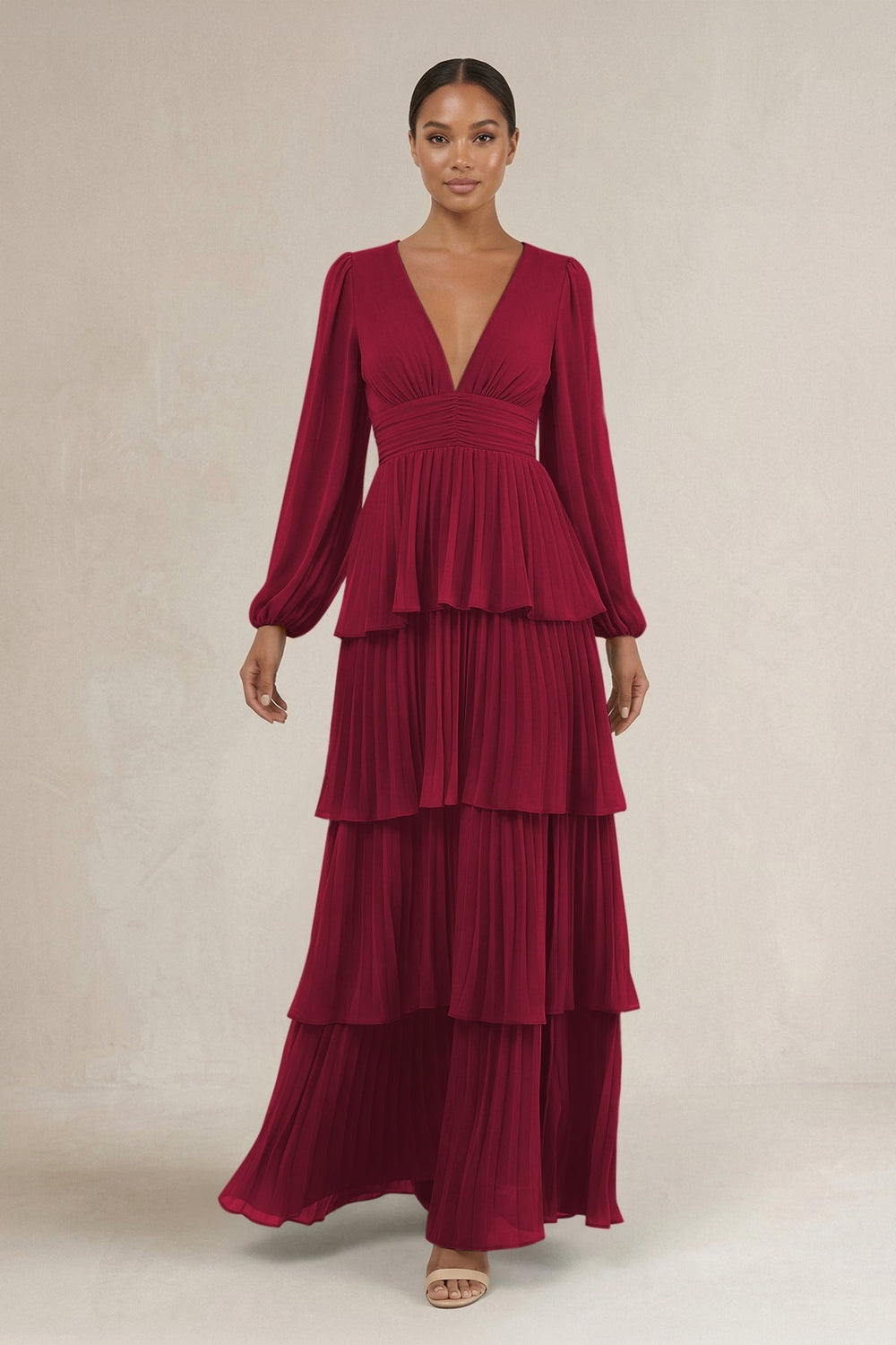 V - Neck Tiered A - Line Long Sleeve Bridesmaid Dress in Berry - KISS BRIDAL Bridesmaid Dresses
