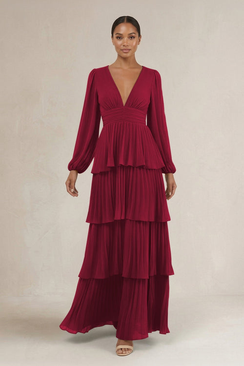 V - Neck Tiered A - Line Long Sleeve Bridesmaid Dress in Berry - SHE IS ME Bridesmaid Dresses