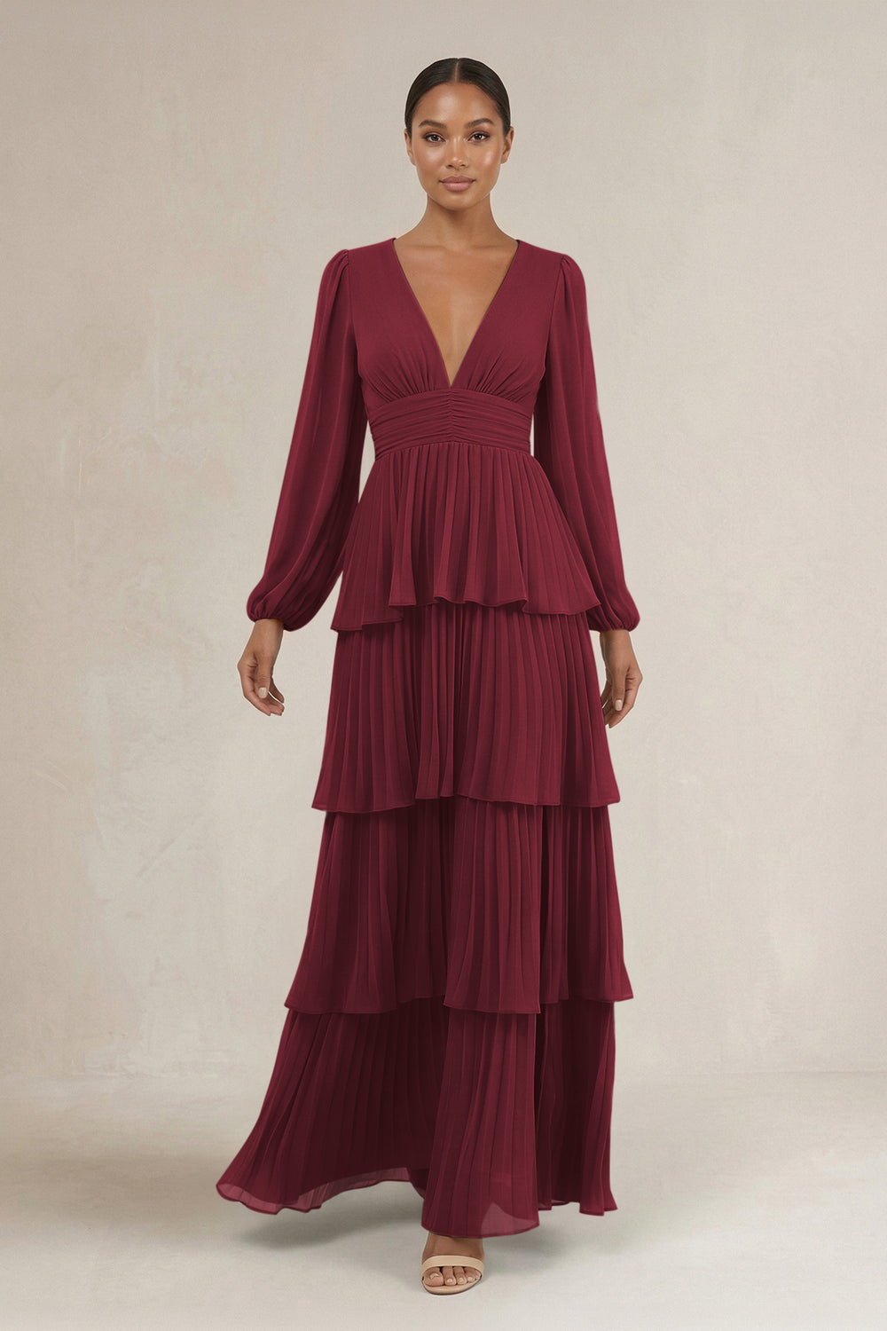 V-Neck Tiered A-Line Long Sleeve Bridesmaid Dress in Berry