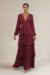 V-Neck Tiered A-Line Long Sleeve Bridesmaid Dress in Berry | KISSBRIDAL