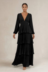 V - Neck Tiered A - Line Long Sleeve Bridesmaid Dress in Black - KISS BRIDAL Bridesmaid Dresses