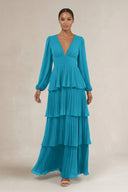 V - Neck Tiered A - Line Long Sleeve Bridesmaid Dress in Blue Jay - SHE IS ME Bridesmaid Dresses