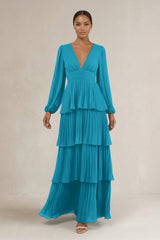 V - Neck Tiered A - Line Long Sleeve Bridesmaid Dress in Blue Jay - KISS BRIDAL Bridesmaid Dresses
