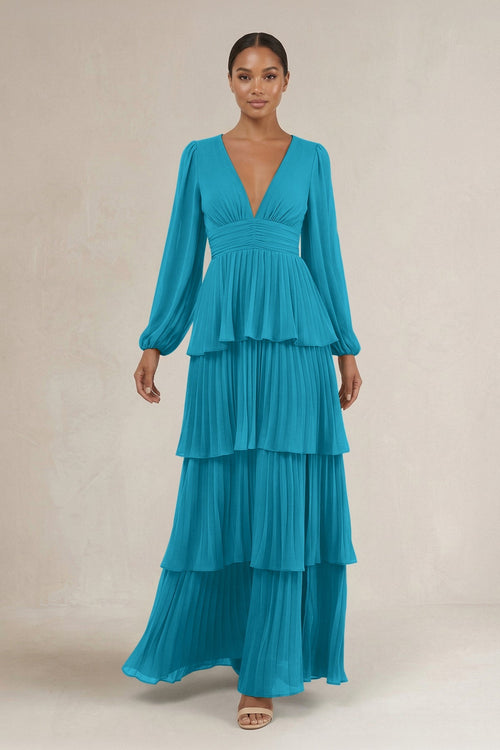 V - Neck Tiered A - Line Long Sleeve Bridesmaid Dress in Blue Jay - SHE IS ME Bridesmaid Dresses
