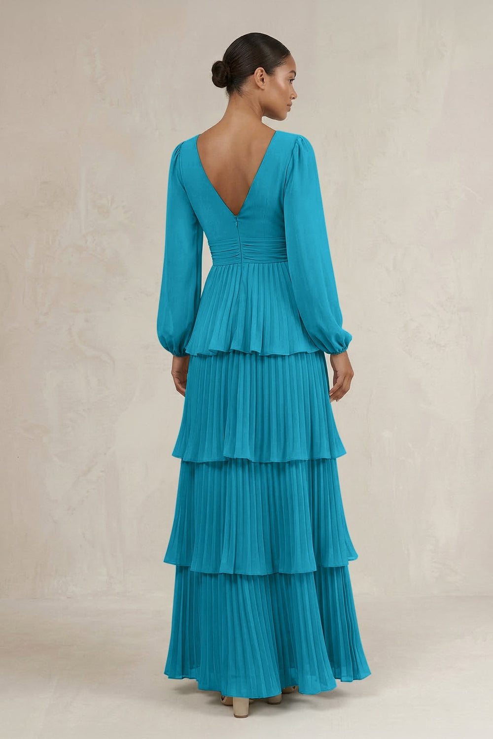 V - Neck Tiered A - Line Long Sleeve Bridesmaid Dress in Blue Jay - KISS BRIDAL Bridesmaid Dresses