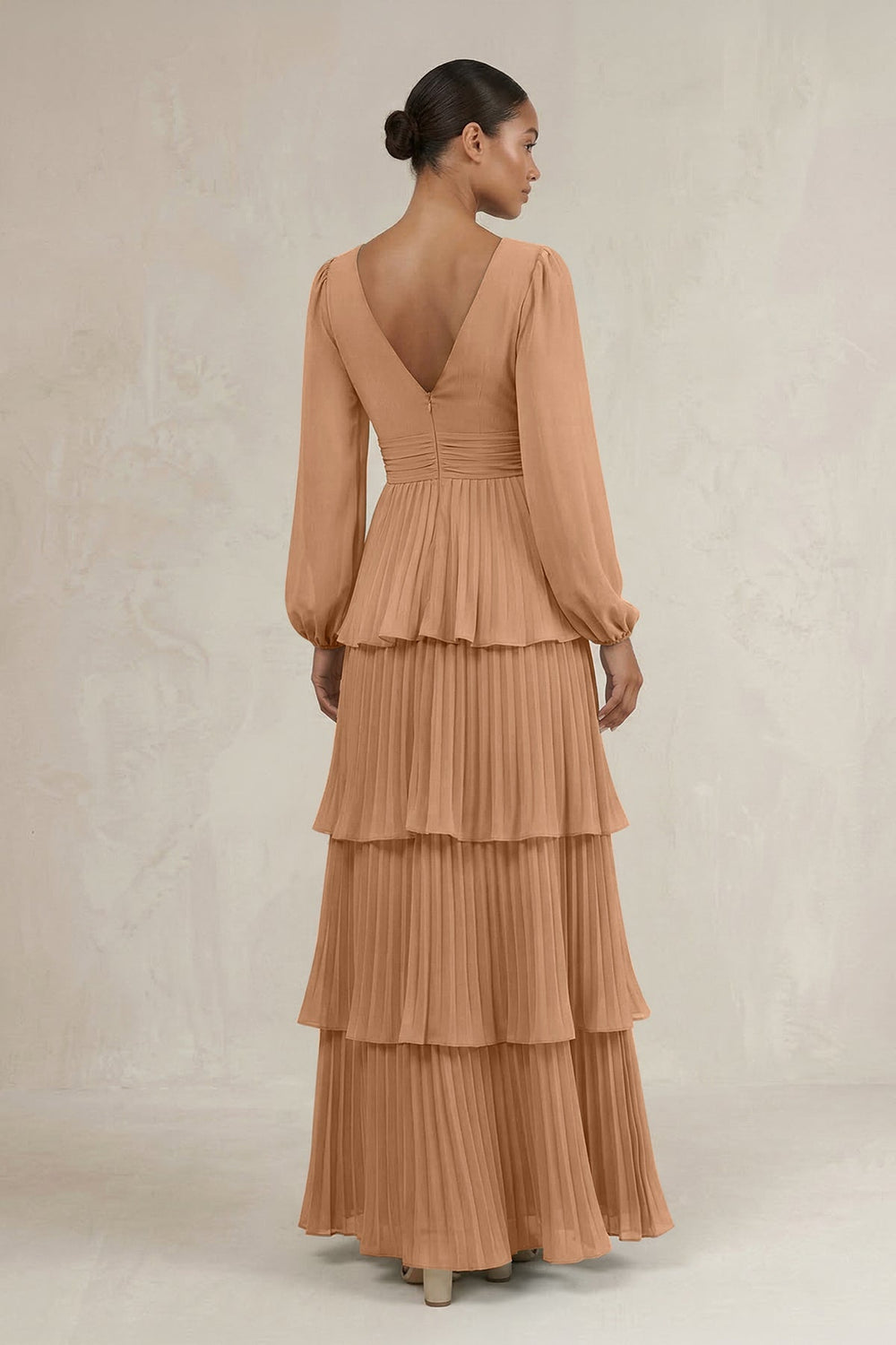 V - Neck Tiered A - Line Long Sleeve Bridesmaid Dress in Bronzer - KISS BRIDAL Bridesmaid Dresses