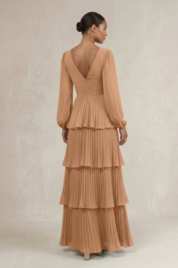 V - Neck Tiered A - Line Long Sleeve Bridesmaid Dress in Bronzer - SHE IS ME Bridesmaid Dresses