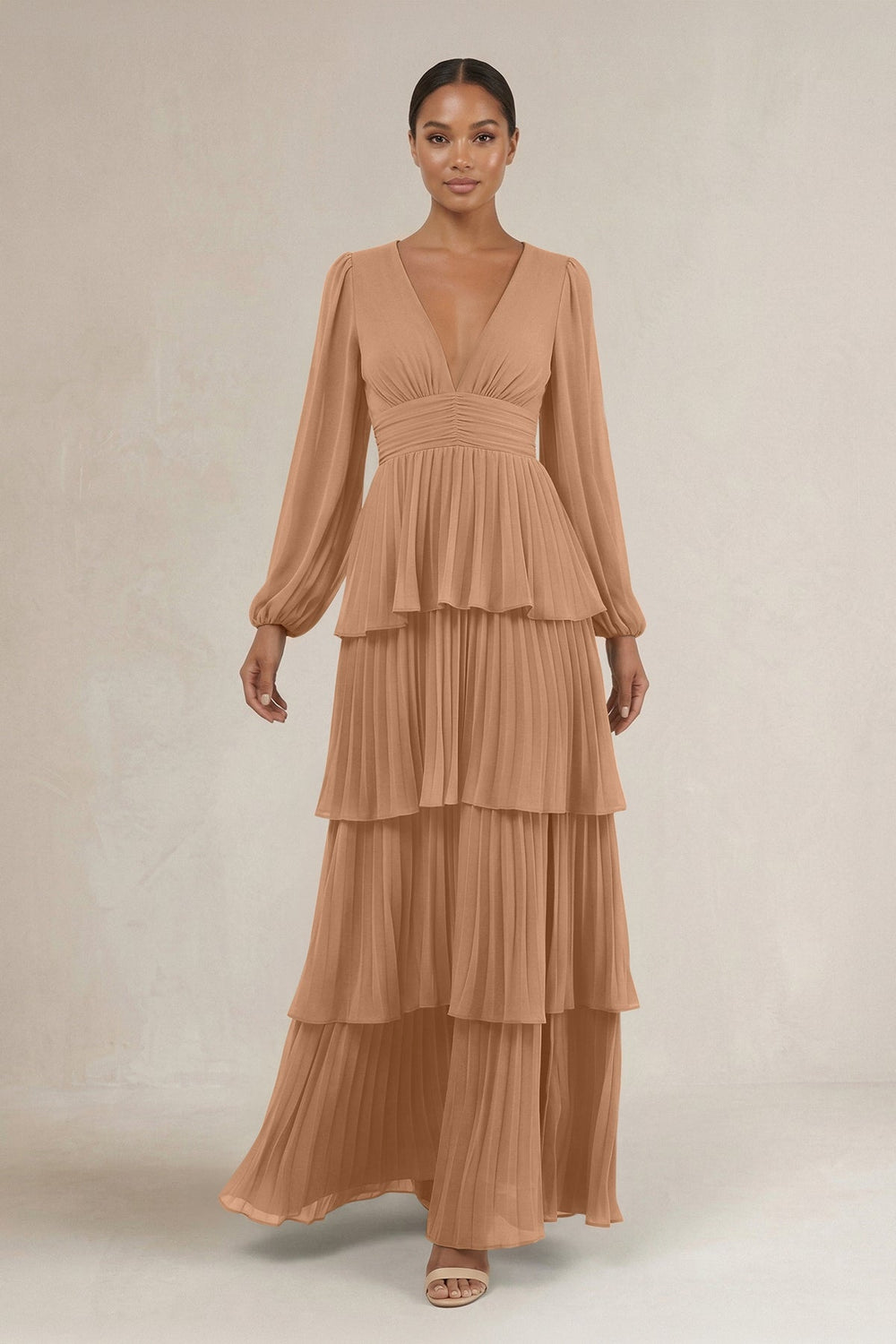 V - Neck Tiered A - Line Long Sleeve Bridesmaid Dress in Bronzer - KISS BRIDAL Bridesmaid Dresses