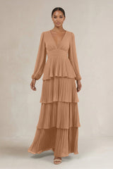 V - Neck Tiered A - Line Long Sleeve Bridesmaid Dress in Bronzer - KISS BRIDAL Bridesmaid Dresses