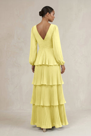 V - Neck Tiered A - Line Long Sleeve Bridesmaid Dress in Buttercup - SHE IS ME Bridesmaid Dresses