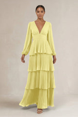 V - Neck Tiered A - Line Long Sleeve Bridesmaid Dress in Buttercup - KISS BRIDAL Bridesmaid Dresses