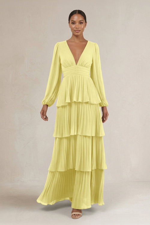 V - Neck Tiered A - Line Long Sleeve Bridesmaid Dress in Buttercup - SHE IS ME Bridesmaid Dresses