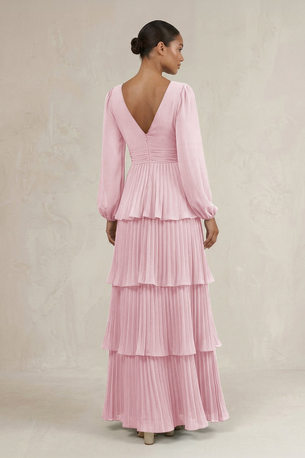 V - Neck Tiered A - Line Long Sleeve Bridesmaid Dress in Candy Pink - KISS BRIDAL Bridesmaid Dresses