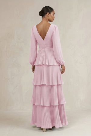 V-Neck Tiered A-Line Long Sleeve Bridesmaid Dress in Candy Pink (2) | KISSBRIDAL