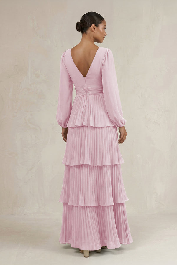 V-Neck Tiered A-Line Long Sleeve Bridesmaid Dress in Candy Pink (2) | KISSBRIDAL