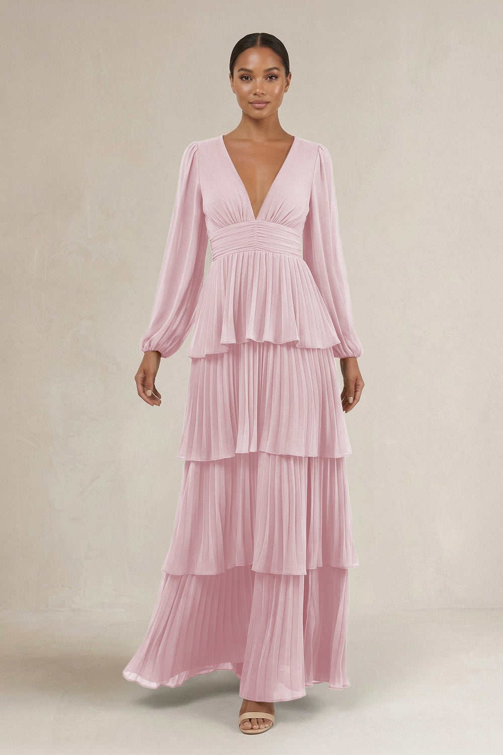 V - Neck Tiered A - Line Long Sleeve Bridesmaid Dress in Candy Pink - KISS BRIDAL Bridesmaid Dresses