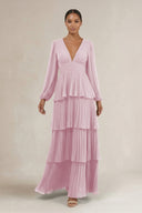 V-Neck Tiered A-Line Long Sleeve Bridesmaid Dress in Candy Pink | KISSBRIDAL